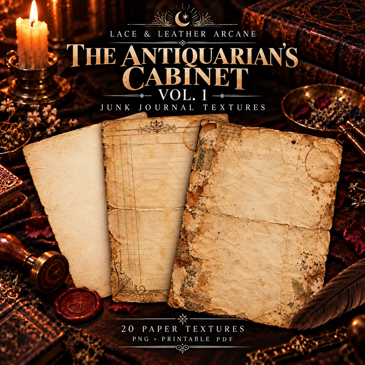The Antiquarian’s Cabinet Vol. 1 cover with aged journal papers on a candlelit bookmaker’s worktable