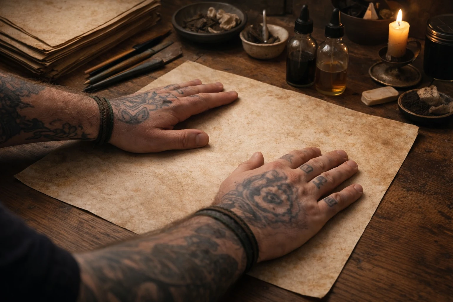 Illustrative workshop scene with hands arranging aged parchment