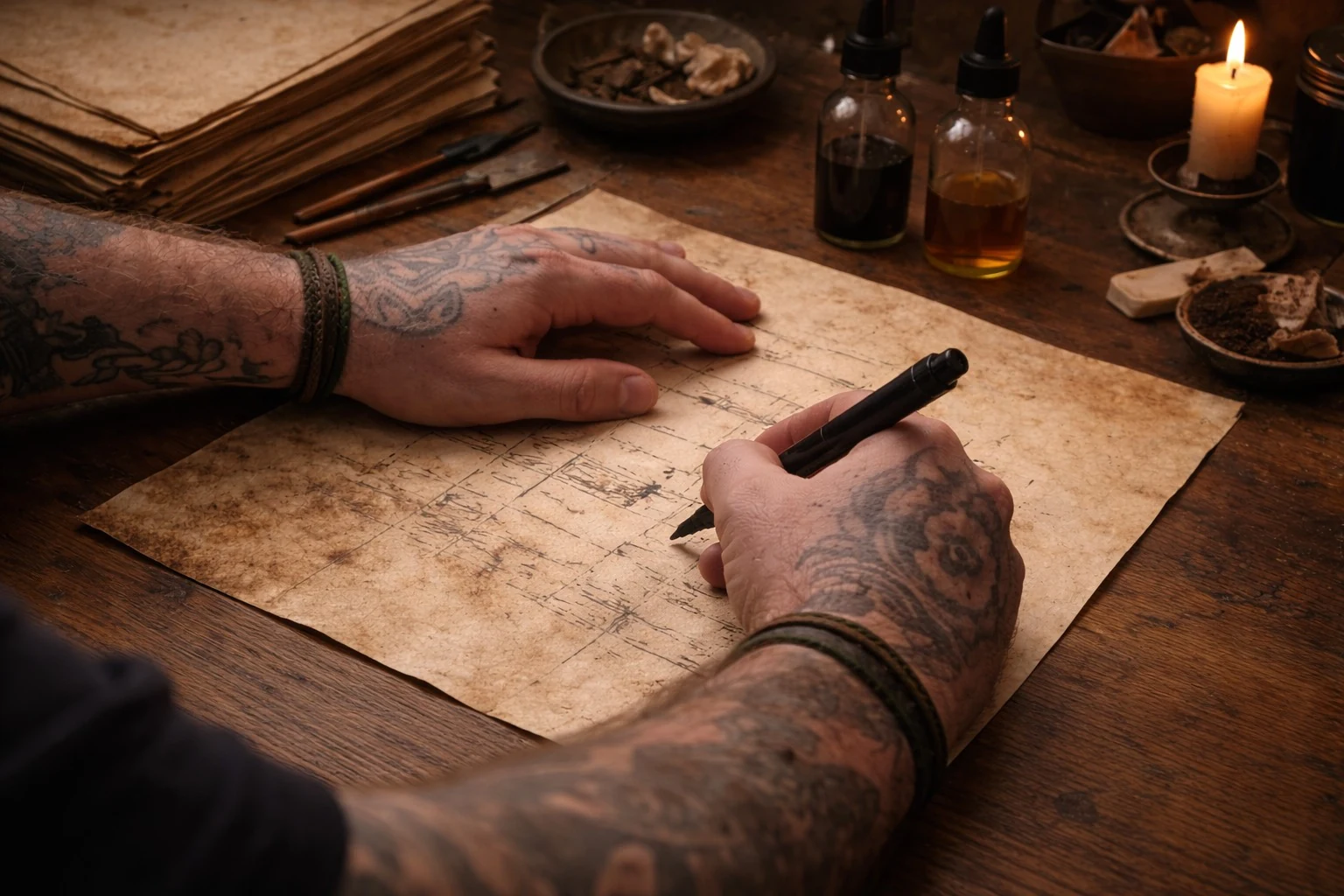 Illustrative workshop scene with a person writing on parchment