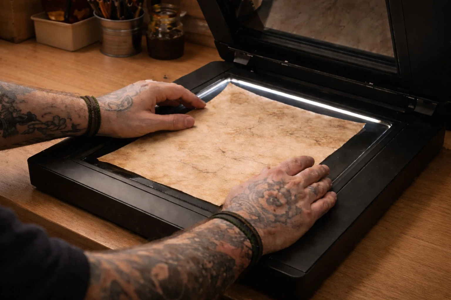 Illustrative workshop scene positioning parchment on a flatbed scanner