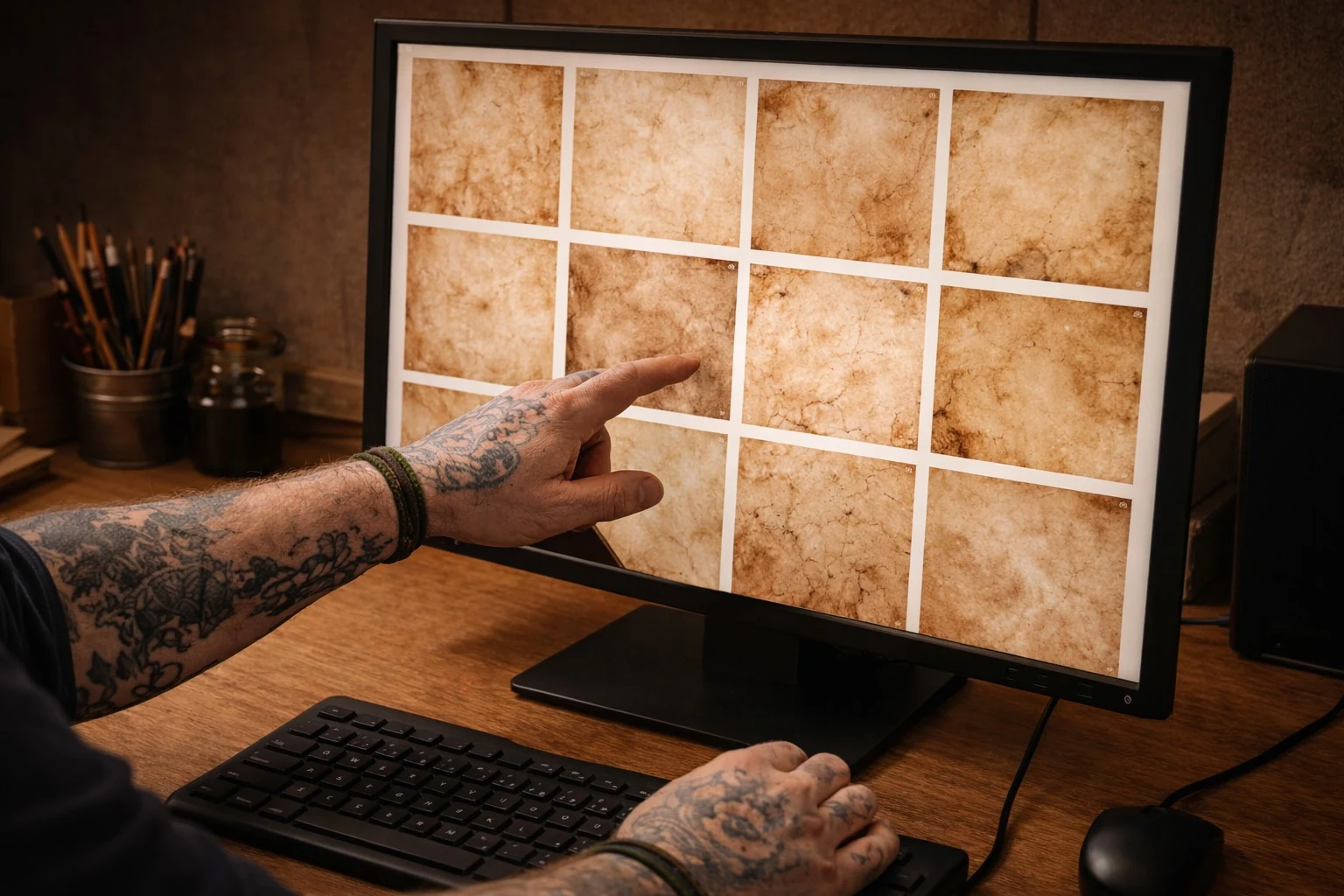 Illustrative scene of digital parchment designs on a computer screen