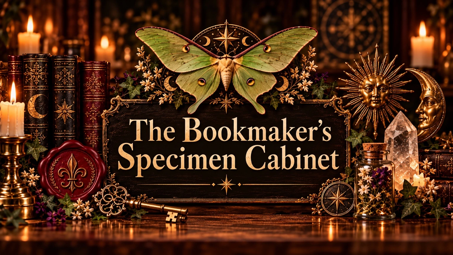The Bookmaker's Specimen Cabinet: a luna moth above an antique sign, surrounded by wax seals, books, keys, celestial ornaments and crystals