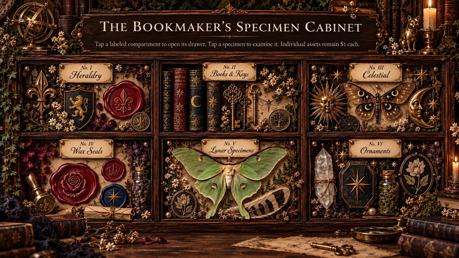The Bookmaker's Specimen Cabinet. Six labeled drawers in an antique landscape display: Heraldry, Books and Keys, Celestial, Wax Seals, Lunar Specimens, and Ornaments.